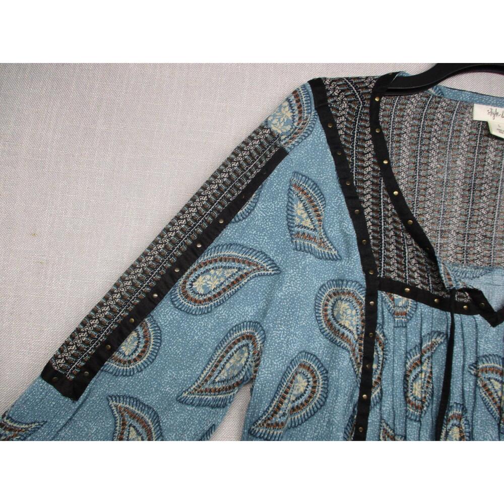 Style & Co Tunic Blue Paisley Bohemian Studded Tassel Peasant Blouse Size L - Picture 4 of 9